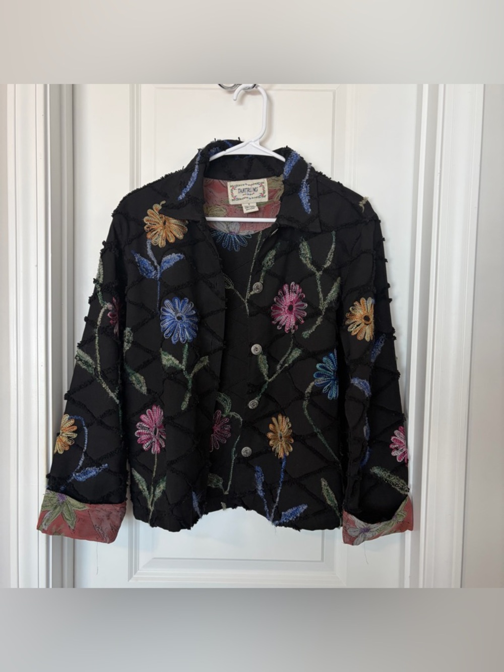 Tantrums-Floral Embroidered Black Button-Up Jacket
Size S